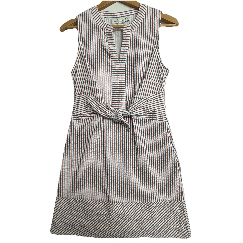 Vineyard Vines Women's Dress Size 4 Red Blue Stripe Cotton Tie Waist Nautical